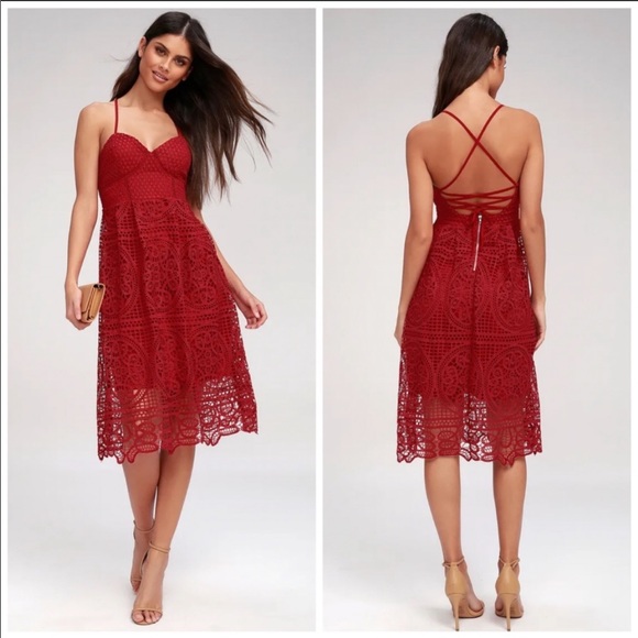 Lulus | Real Life Dream Berry Red Lace Midi Dress - Picture 1 of 12